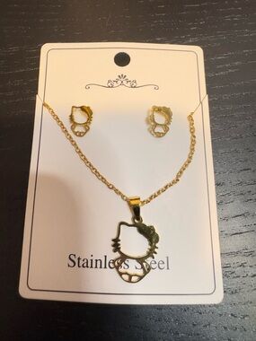 Hello Kitty Gold Tone Pendant Necklace and Stud Earrings Set